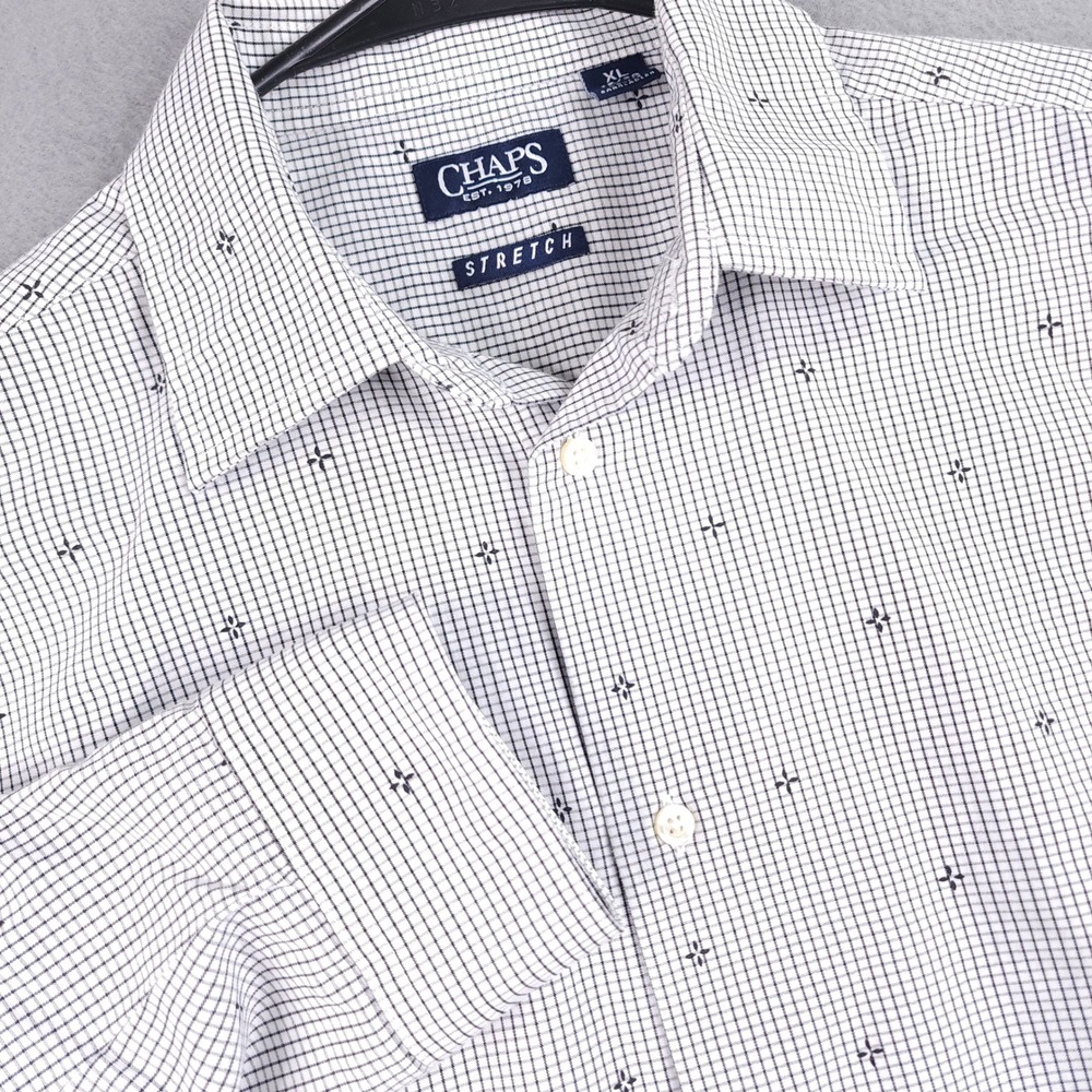 Chaps Button Down Shirt Boys XL 18/20 White Blue Grid Floral Stretch